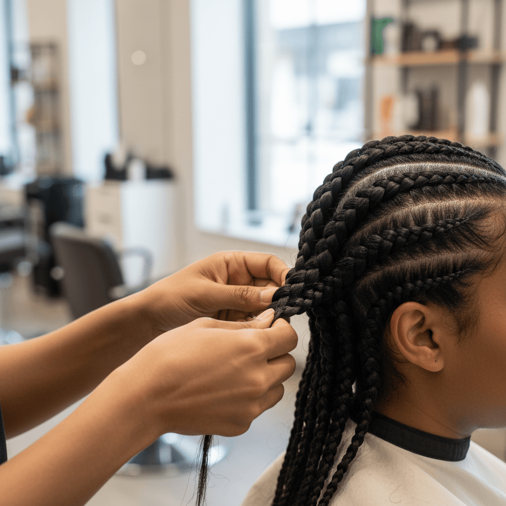 Close-up of professional box braids being installed with precise technique